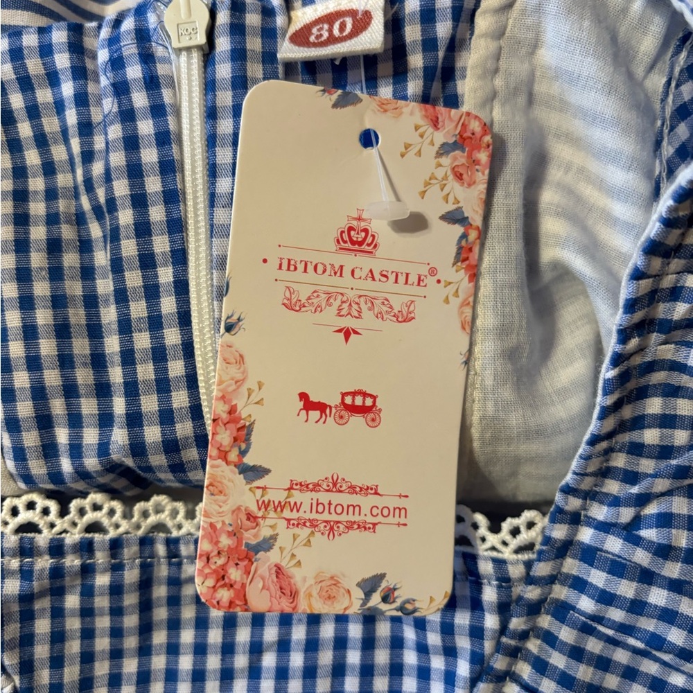 NWT Ibtom 80 Cotton Blue Stripe Eyelet Pinafore Lined Sleeveless Dress- Sz 9-18M - Picture 3 of 7